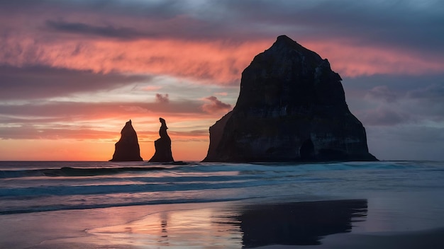 Silhouette of a sea stack against a colorful setting sun at new caledonia