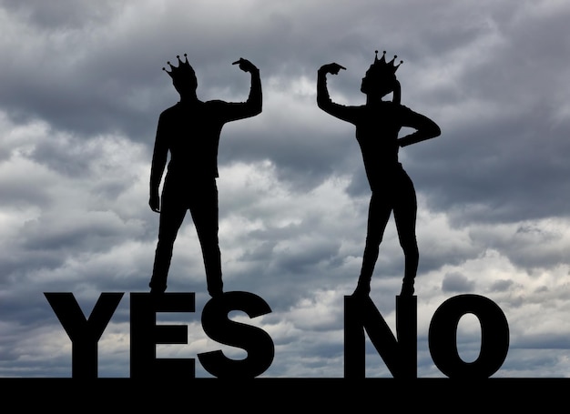 Silhouette of selfish people with crowns on their heads, prove their rightness by pointing to themselves with a finger. Conceptual scene of selfishness