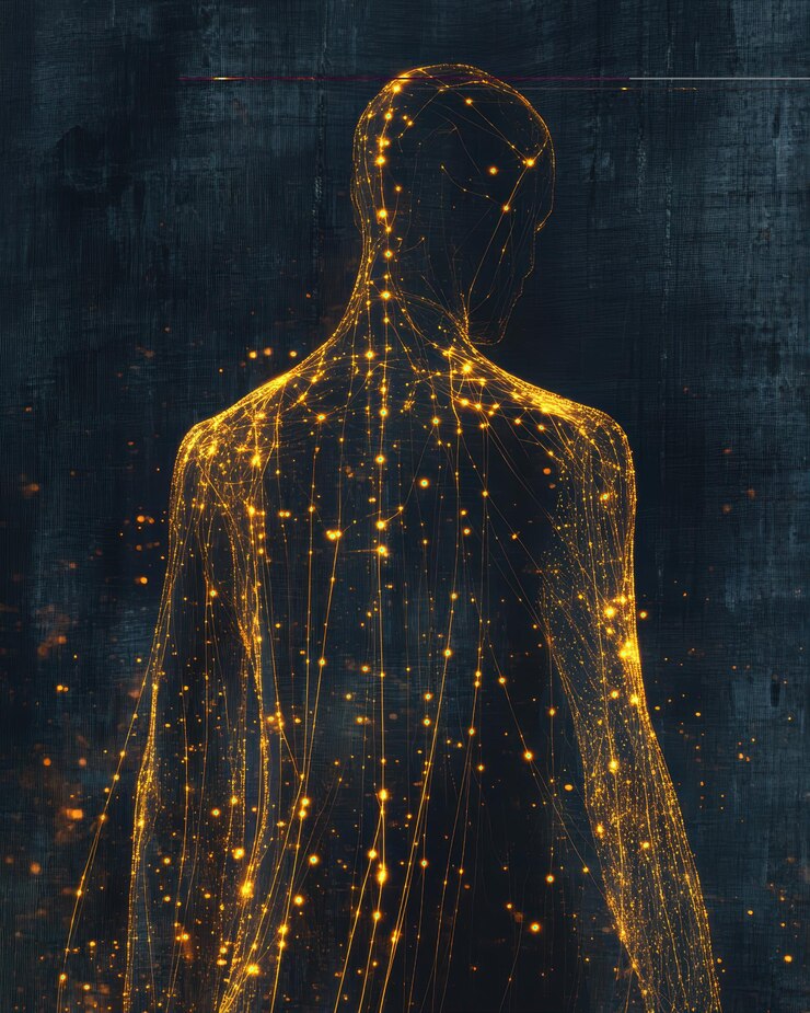 Silhouette of a SemiTransparent Human Form Illuminated by Glowing Particles Against a Dark Backdrop