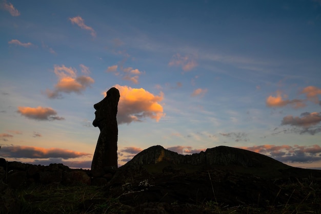 Silhouette shot of the ancient moai on Easter Island in Chile at sunset