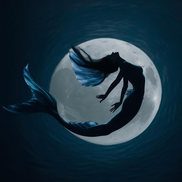 Foto una silhouette di una sirena che nuota in solitudine nel profondo mare blu tutto il disegno su questa immagine i