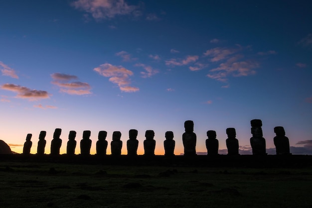 Silhouette shot of Moai statues in Easter Island