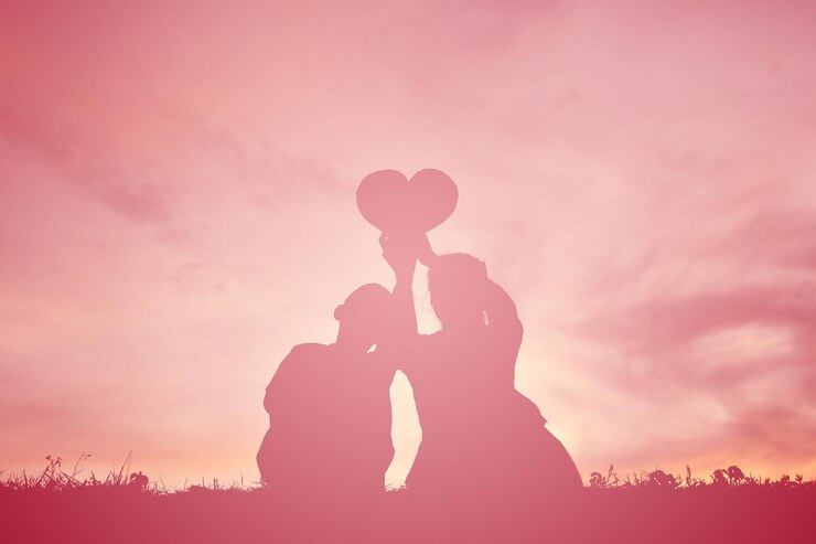 Photo 夕暮れの空に逆らって畑に座っている時,ハートの形を握っているシルエットの兄弟姉妹