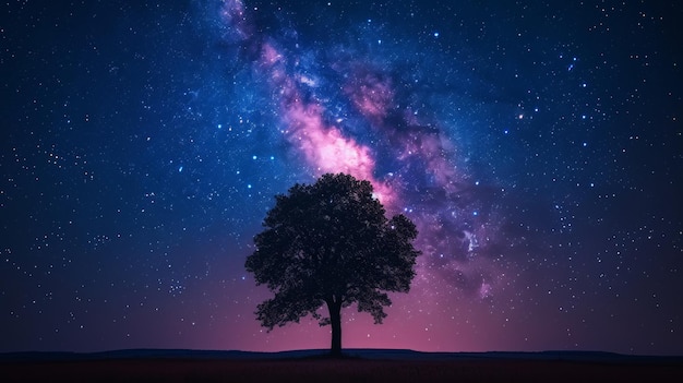 Silhouette of a single tree against a mesmerizing starfilled night sky