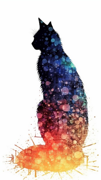 Silhouette of a sitting cat with bright spots on a white background Generative AI