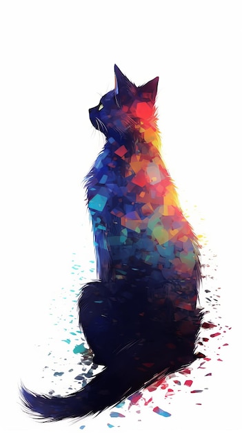 Silhouette of a sitting cat with bright spots on a white background Generative AI