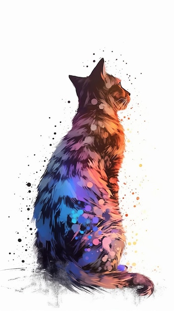 색 배경에 밝은 반점이 있는 앉아있는 고양이의 실루