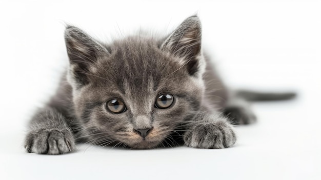 Photo the silhouette of a small gray kitten against a white background