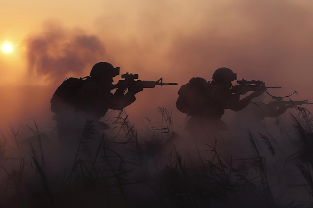 Silhouette soldaten in gevechtsopleiding bij zonsondergang met AI gegenereerd