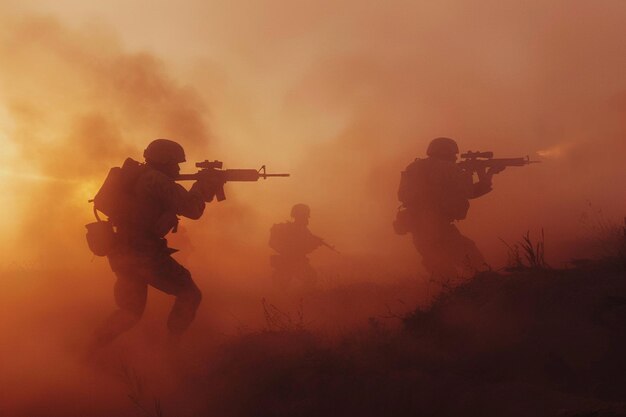 Silhouette soldaten in gevechtsopleiding bij zonsondergang met AI gegenereerd