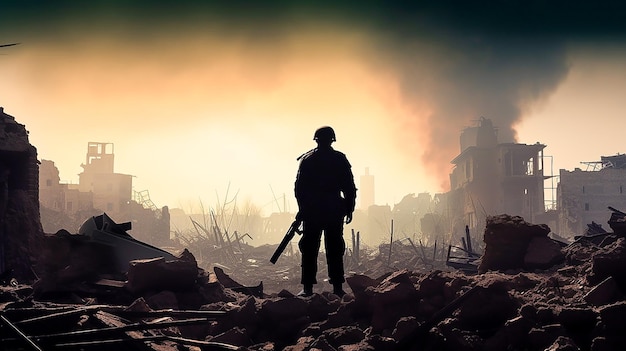 Silhouette of a soldier against the background of a destroyed city high resolution