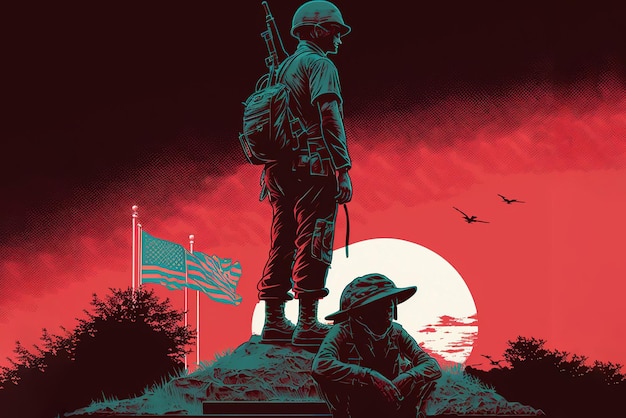 アメリカの国旗の背景に兵士のシルエット