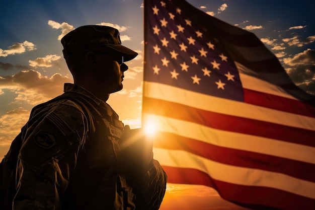 Silhouette of a soldier on the flag of the United States at sunset