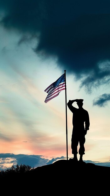 Photo a silhouette of a soldier saluting the flag