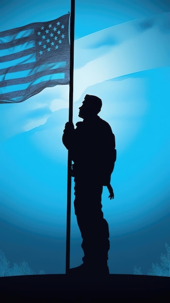 A silhouette of a soldier saluting the flag