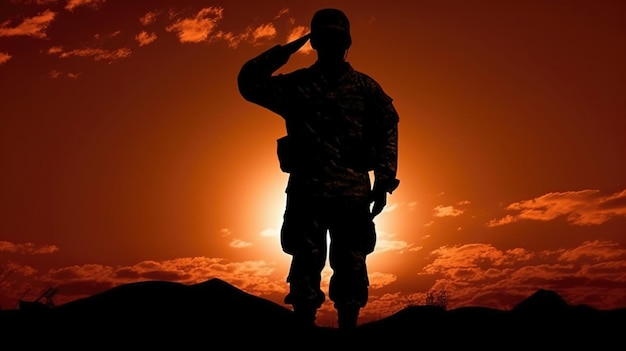 A silhouette of a soldier saluting the flag