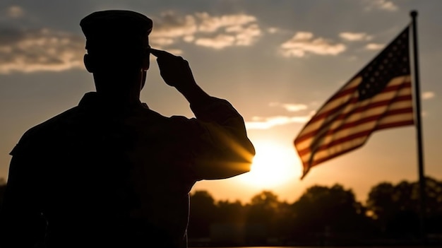 Photo a silhouette of a soldier saluting the flag