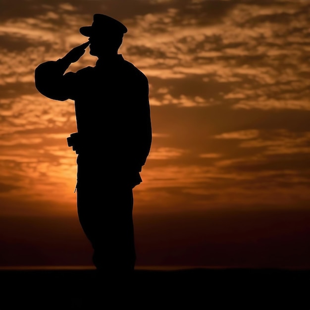 Photo a silhouette of a soldier saluting the flag