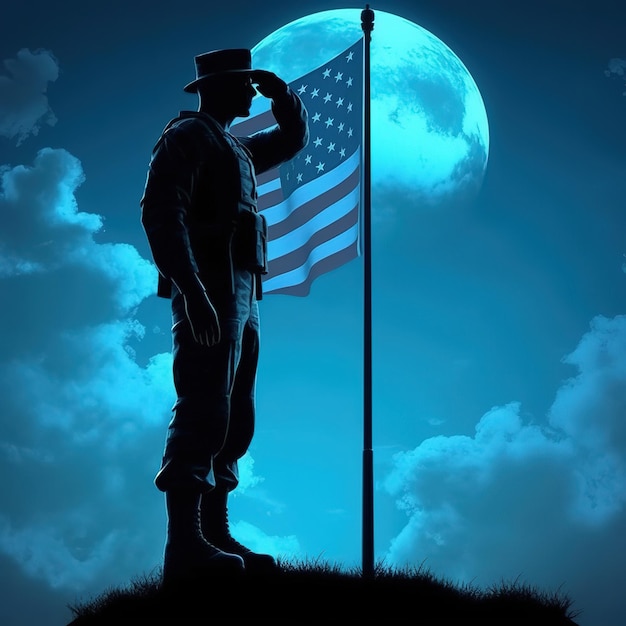 A silhouette of a soldier saluting the flags