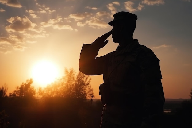 Silhouette of a soldier saluting at sunset