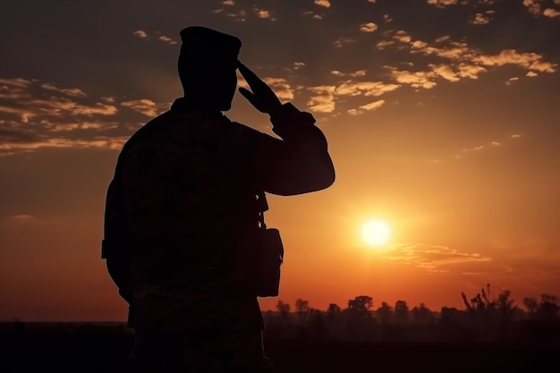 Silhouette of a soldier saluting at sunset