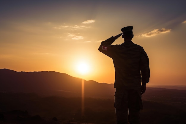 Silhouette of a soldier saluting at sunset