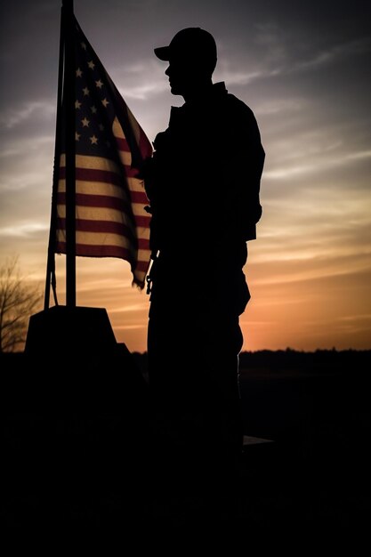 A silhouette soldier stands in front of a american flag