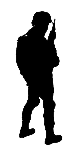 Silhouette of soldier with assault rifle on white background Military service