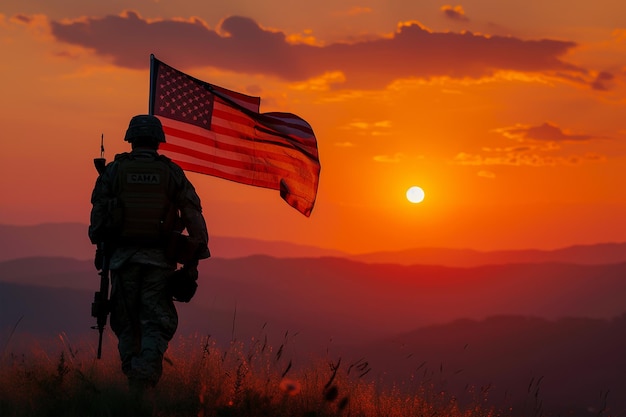 夕暮れの背景にアメリカ国旗を掲げた兵士のシルエット 1png