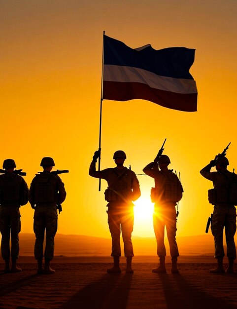 Silhouette of soldiers saluting against the sunrise in the desert and israel flag