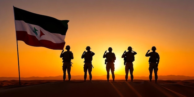 Silhouette of soldiers saluting against the sunrise in the desert and Palestine flag