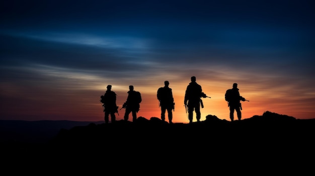 The silhouette of the soldiers on sunset background Ai generative