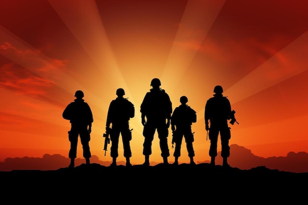 Photo a silhouette of soldiers with the sun behind them