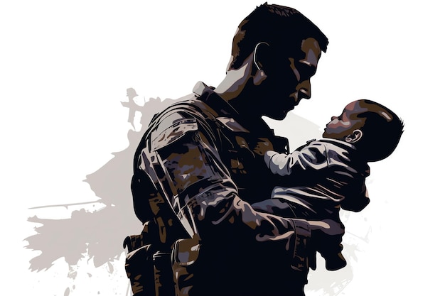 Silhouette of a solider holding a baby