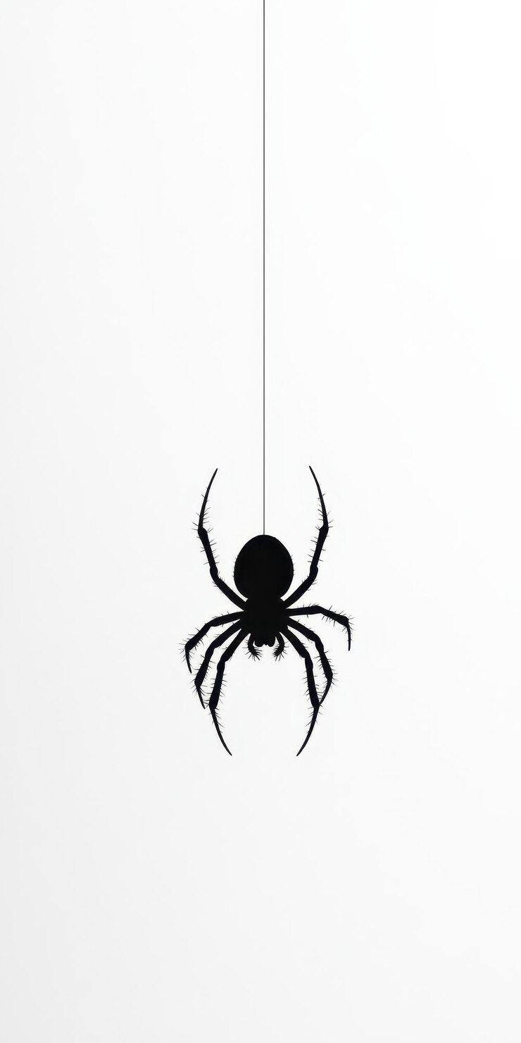Photo silhouette of a spider hanging from thread