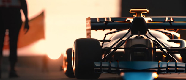 Photo a silhouette of a sports race car with sun rise background