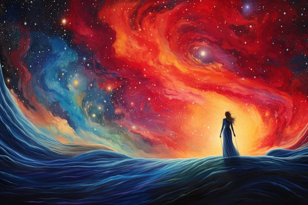 Silhouette standing on edge of fantasy landscape with surrealistic sky lonely woman looking at bright colorful sky with cosmic background dreaming person