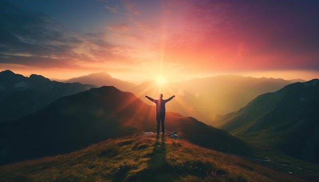 Photo silhouette standing on mountain peak arms raised generated by ai