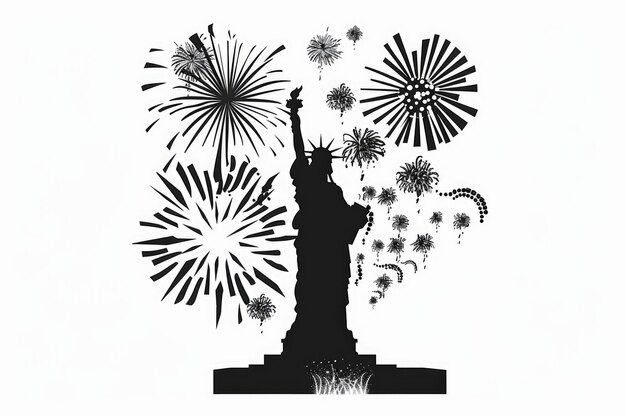 Photo silhouette of statue of liberty with fireworks against a white background