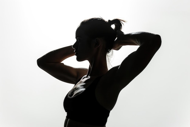 Silhouette of strong sports woman warming up in gym