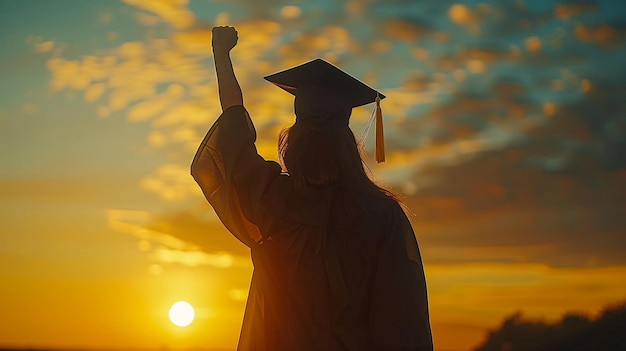 silhouette of Student Celebrating Graduation watching the sunlight