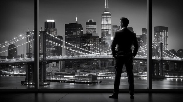 Silhouette of a successful male standing of a window overlooking the island of manhattan