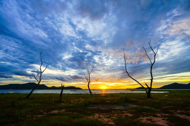 Silhouette sunset at Bang phra reservoir, sriracha chon buri, thailand 