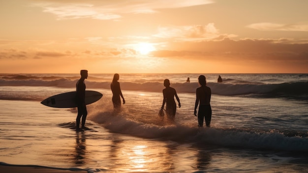 Silhouette of surfer on the beach Generative AI