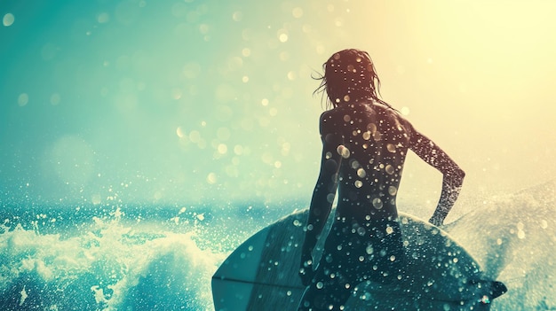 Silhouette of a surfer with a board in sparkling sea spray