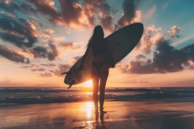 Foto silhouette di surfer woman al tramonto generata con l'ai