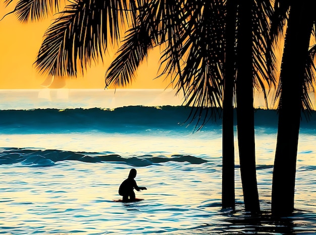 Silhouette Surfers surfen tijdens het tegenkomen van de golven op het strand bij zonsondergang