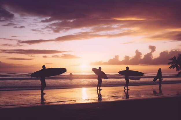 Photo silhouette of surfers with boards on the beach against the background of a pink sunset generative ai