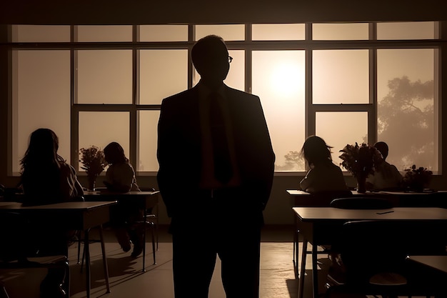 Silhouette of a teacher standing in a school classroom