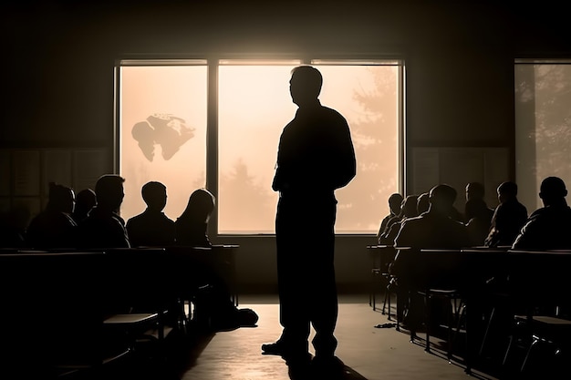 Silhouette of a teacher standing in a school classroom